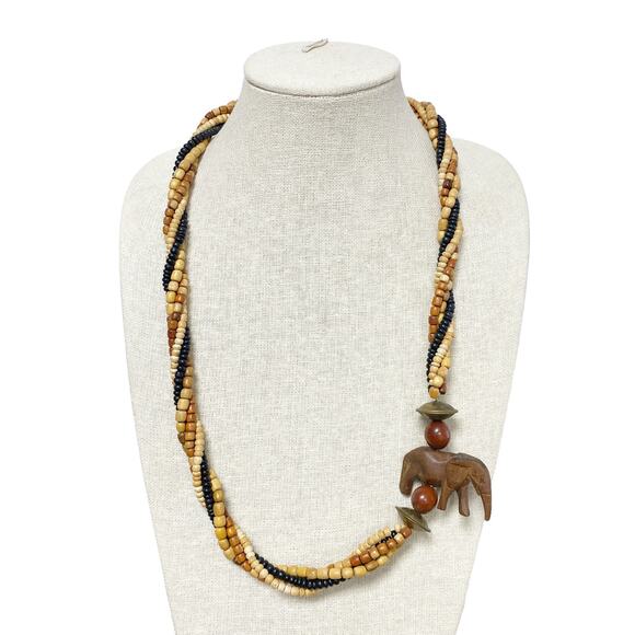 Vintage Wood Beaded Twisted Rope Carved Elephant Statement Necklace - Picture 1 of 5